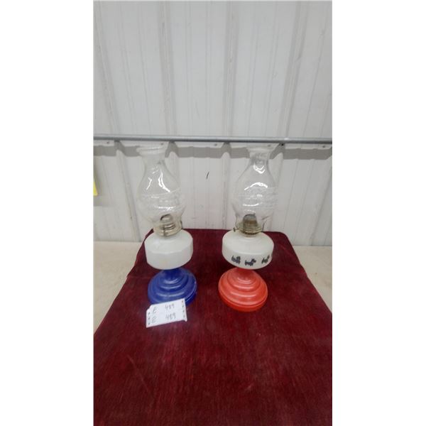 Pair of Vintage "Home Sweet Home" Scottie Dog Kerosene Oil Lamps, Red and Blue Bases