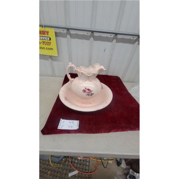 Vintage Pink Ceramic Pitcher and Basin Washstand Set with Rose Floral Motif