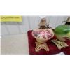 Image 4 : Pair of Antique Hand-Painted Floral Glass Oil Lamps with Ornate Cast Metal Bases