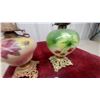 Image 8 : Pair of Antique Hand-Painted Floral Glass Oil Lamps with Ornate Cast Metal Bases