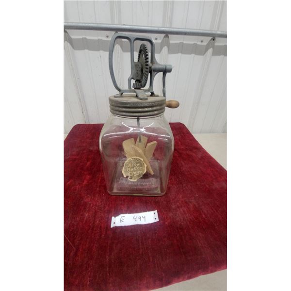 Vintage Blow Butter Churn, England, Hand-Crank Glass Jar with Cast Iron Agitator
