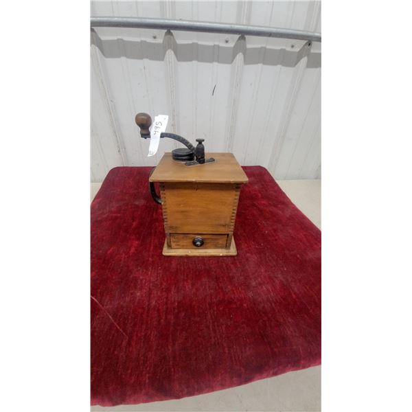 Antique Wood and Cast Iron Coffee Grinder with Drawer, Crank Handle, and Knob