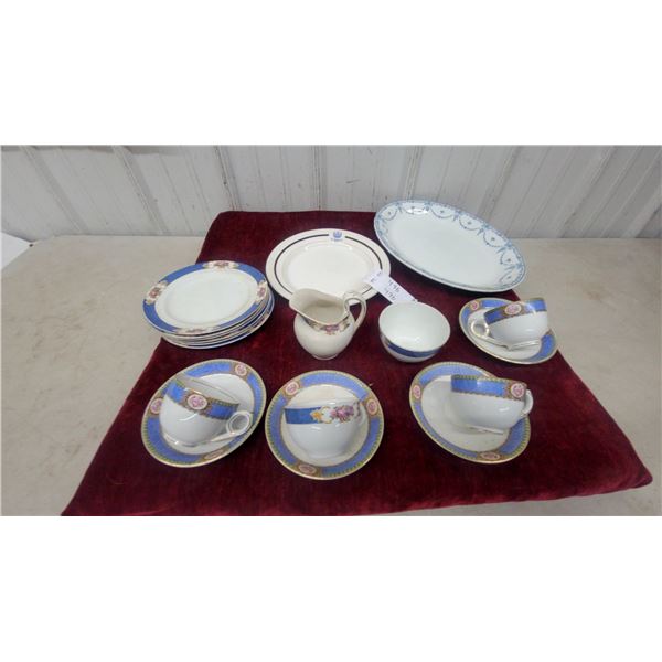 Assorted Porcelain Tea and Dinnerware: 6 Cups, 6 Saucers, 6 Dinner Plates, Creamer, and Platter