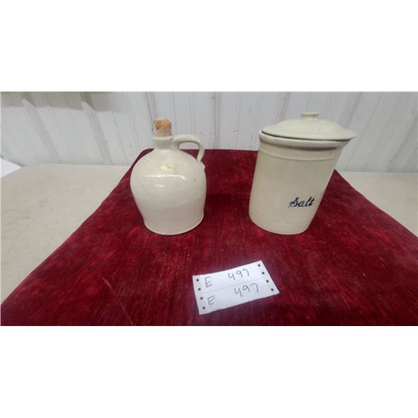 Vintage Stoneware "Salt" Crock with Lid and small beehive jug