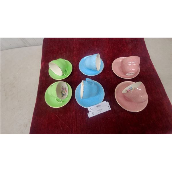 Six Vintage wade Porcelain Teacup and Saucer Sets in Green, Blue, and Pink with Gold Rims