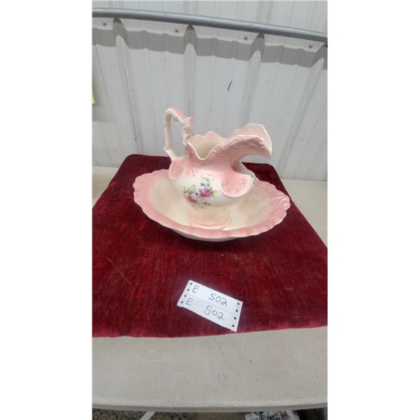 Vintage Ceramic pitcher and Basin Wash Set with Pink Floral Rose Motif and Ruffled Edge