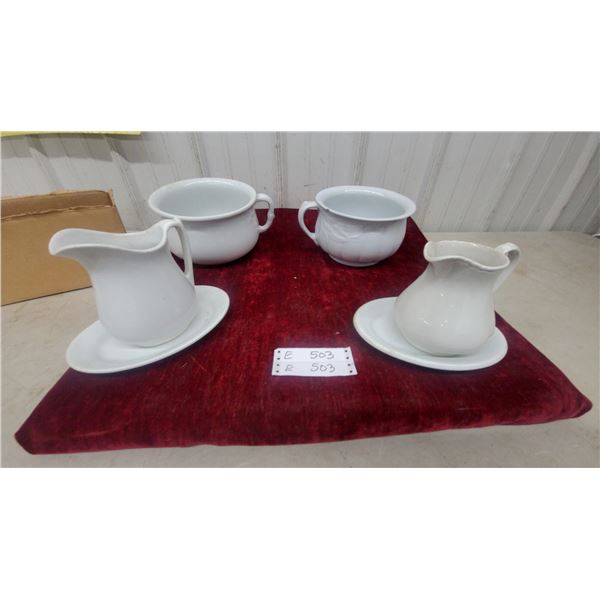 Antique White Ceramic Wash Pitchers with Basins and Chamber Pots