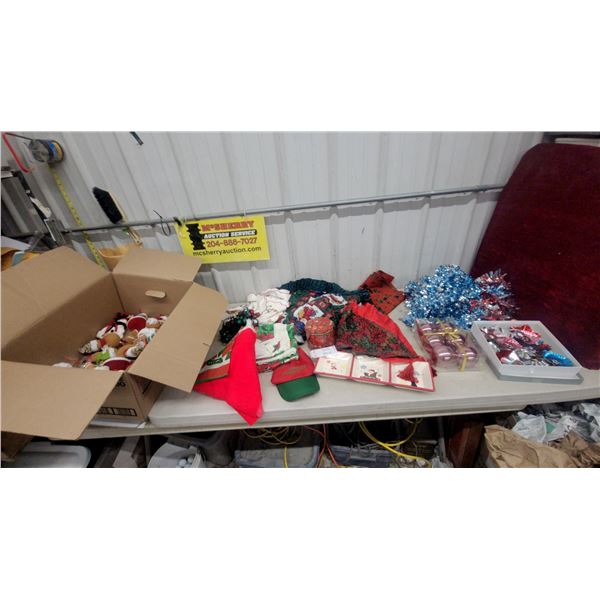 Assorted Christmas Decor Including Tinsel Garland, Stockings, Vintage Foil Reflectors