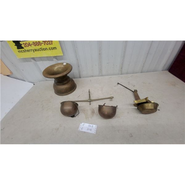 Antique Brass Spittoon and Two-Pan Balance Scale with Hanging Pans