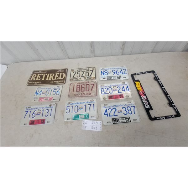 Vintage BC and Manitoba License Plates, “Retired” Novelty Sign, and Cobra Frame