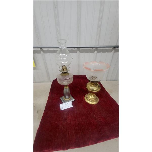 Two Vintage Kerosene Oil Lamps: "Home Sweet Home" Etched Glass and Brass with Pink Ruffled Shade