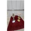 Image 1 : Two Vintage Kerosene Oil Lamps: "Home Sweet Home" Etched Glass and Brass with Pink Ruffled Shade