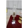 Image 2 : Two Vintage Kerosene Oil Lamps: "Home Sweet Home" Etched Glass and Brass with Pink Ruffled Shade
