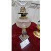 Image 4 : Two Vintage Kerosene Oil Lamps: "Home Sweet Home" Etched Glass and Brass with Pink Ruffled Shade