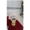 Image 6 : Two Vintage Kerosene Oil Lamps: "Home Sweet Home" Etched Glass and Brass with Pink Ruffled Shade