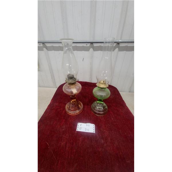 Pair of Vintage Depression Glass Kerosene Oil Lamps, Amber Ribbed Base and Green Ribbed Fount