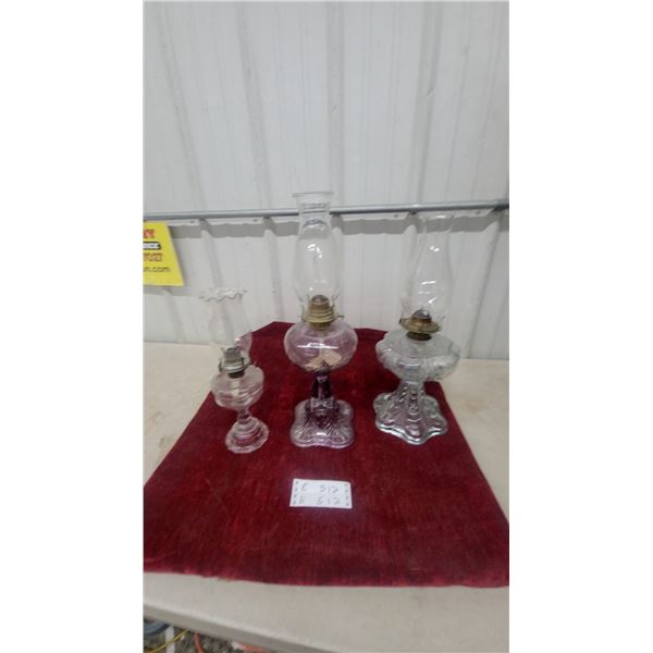 Three Antique Kerosene Lamps, Bull's Eye Amethyst, Scroll and Arch, and Fluted