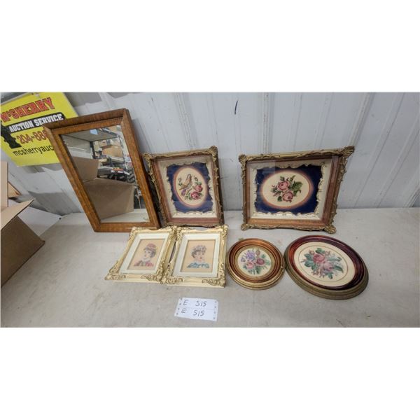 Vintage Framed Needlepoint Florals, Bird, Portraits, and Oak-Framed Mirror