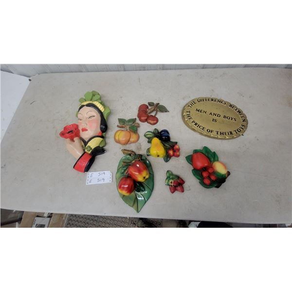 Vintage Chalkware Wall Plaques Including Asian Woman, Fruit Clusters, and Plaque