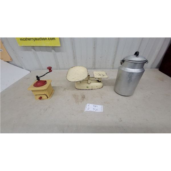 Vintage Kitchen Lot: Enterprise Mfg. Co. Coffee Grinder, Kitchen Scale, and water cooler