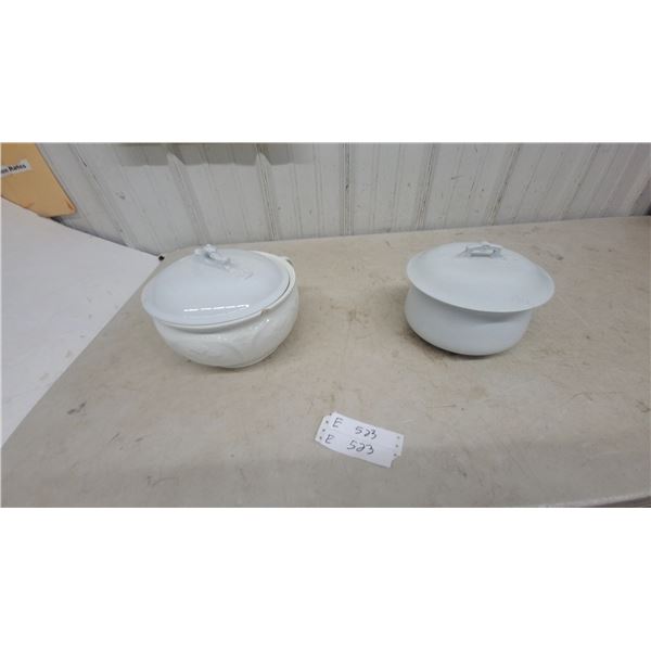 Pair of White Ceramic Covered Chamber Pots, Embossed and Smooth Designs
