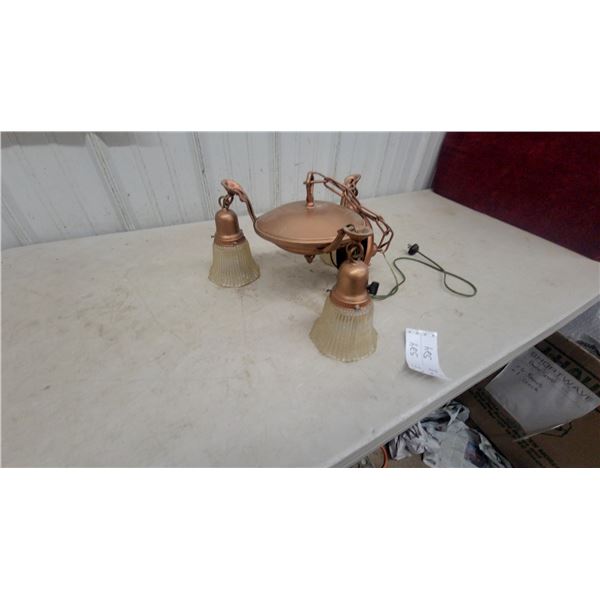 Vintage Copper-Toned Ceiling Fixture with Amber Fluted Glass Shades, Early 20th Century