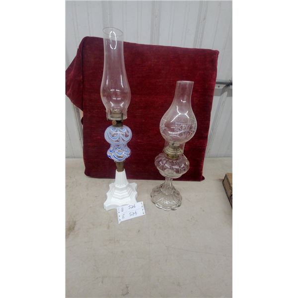 Two Vintage Oil Lamps, Blue/White Swirl Art Glass with Milk Glass Base and Pressed Glass Etched