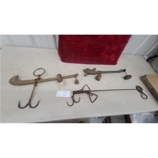3 Antique Brass Steelyard Scales, Cast Iron Hanging Scale, and Meat Scale