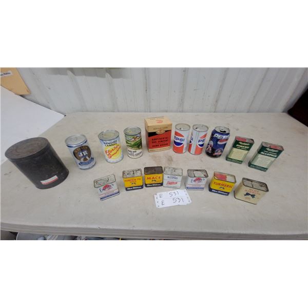 Vintage Spice Tins, Pepsi and JR Souvenir Beer Cans, and Rawleigh’s