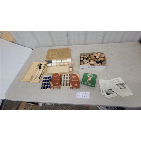 Vintage Sewing Lot: Belding's Silk Thread, Singer Machine Belt, No. 127 Manual and Wooden Spools
