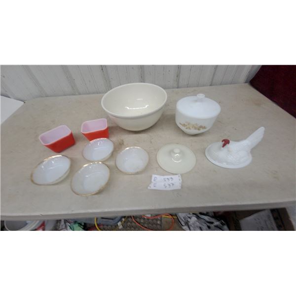 Fire-King Milk Glass Gold Trim Bowls, Pyrex Ramekins, and Milk Glass Hen