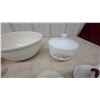 Image 3 : Fire-King Milk Glass Gold Trim Bowls, Pyrex Ramekins, and Milk Glass Hen