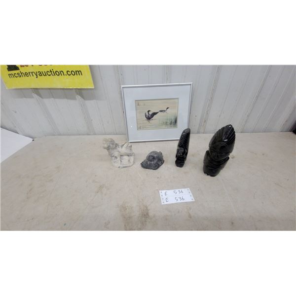 Marble Figural Sculpture, Carved Stone Otter Figurine, Two Obsidian Carvings and Framed Loon Print