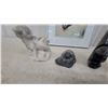 Image 3 : Marble Figural Sculpture, Carved Stone Otter Figurine, Two Obsidian Carvings and Framed Loon Print