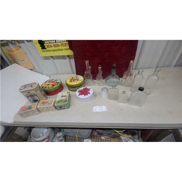 Vintage Collectible Tins Including Carol Ring, Old English Inn, Poinsettia and More With Glass Bott
