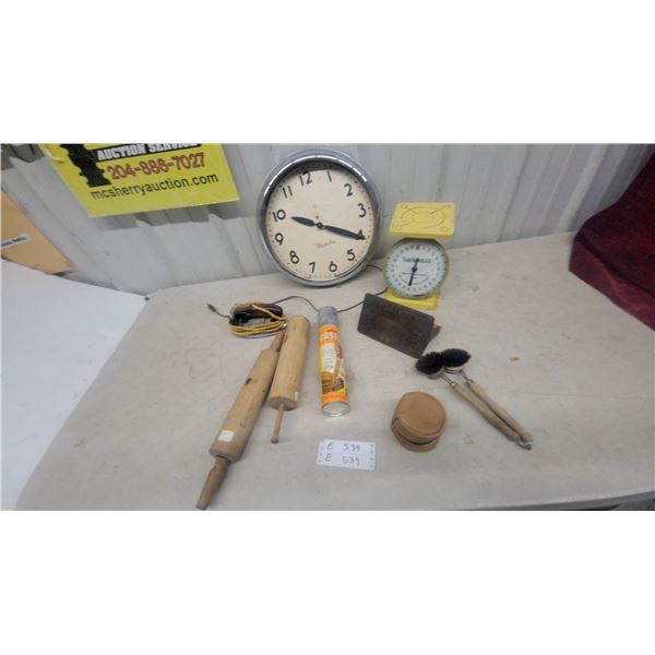 Vintage Westclox Electric Wall Clock, Sears Roebuck Scale, Rolling Pins, Baster