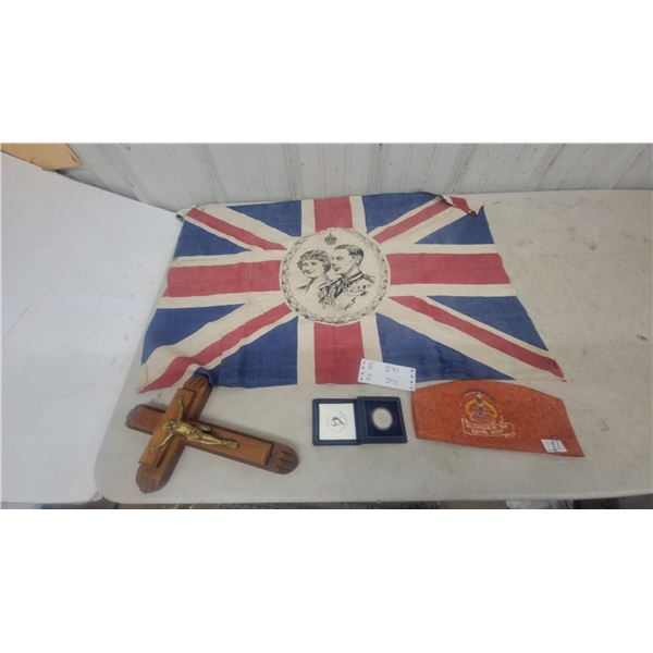 Commemorative Union Jack Flag, Wooden Crucifix, Royal Visit Souvenir and pope Coin