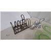 Image 2 : Vintage Depression Glass Plates, Silver Plate Toast Rack, Tea Infusers, Glassware