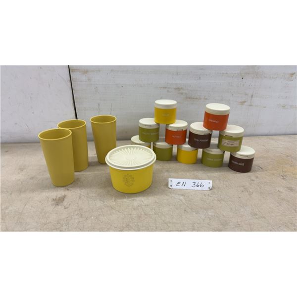 Tupperware 3 Yellow Tumblers, Spice Shakers and Storage container with lid