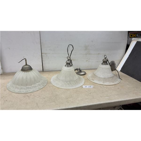 Lot of 3 Assorted Pendant Light Fixtures with Frosted Glass Shades, Brass and Brushed Nickel Caps