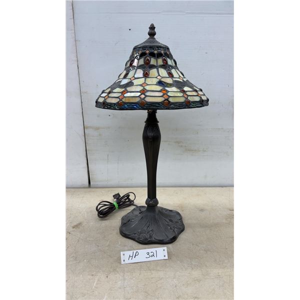 Tiffany-Style Stained Glass Table Lamp with Amber Cabochons and Floral Relief Metal Base, 22” High