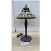 Image 1 : Tiffany-Style Stained Glass Table Lamp with Amber Cabochons and Floral Relief Metal Base, 22” High