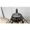 Image 5 : Tiffany-Style Stained Glass Table Lamp with Amber Cabochons and Floral Relief Metal Base, 22” High