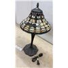 Image 6 : Tiffany-Style Stained Glass Table Lamp with Amber Cabochons and Floral Relief Metal Base, 22” High