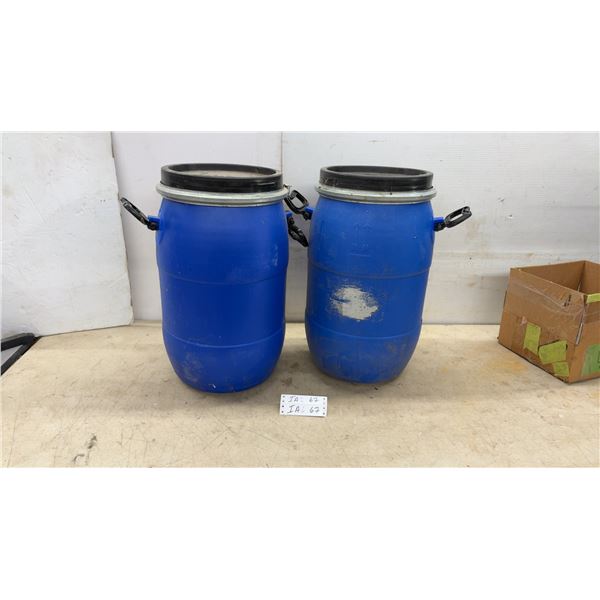 Two Blue Plastic Barrels with Lids, Metal Clamps and Handles, Approximately 20 × 11”
