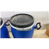 Image 3 : Two Blue Plastic Barrels with Lids, Metal Clamps and Handles, Approximately 20 × 11”
