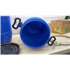 Image 5 : Two Blue Plastic Barrels with Lids, Metal Clamps and Handles, Approximately 20 × 11”