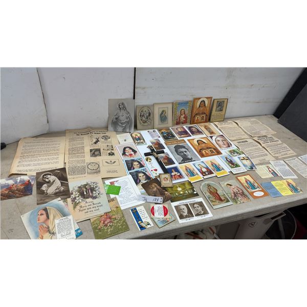 Box of Old Religious Items Including Prayer Cards, Pamphlets, Photographs, Crucifix