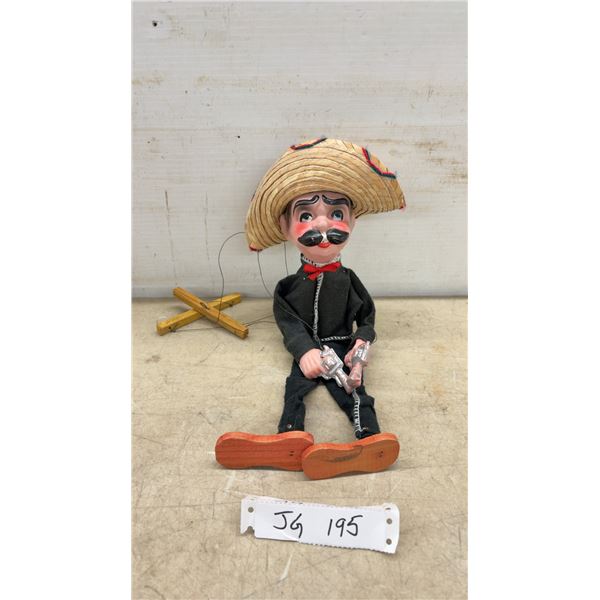 Vintage Mexican String Marionette Puppet with Sombrero, Mustache, and Pistols