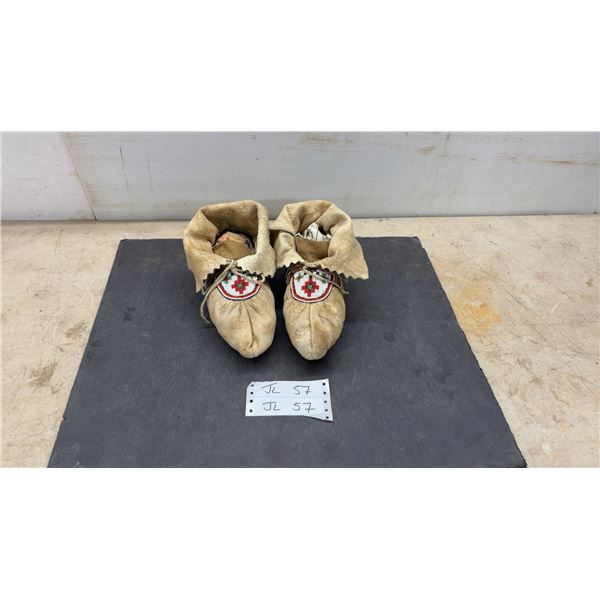 Vintage Cree Style Handcrafted Moccasins Heavily Beaded with Geometric Red, White, Black and Green